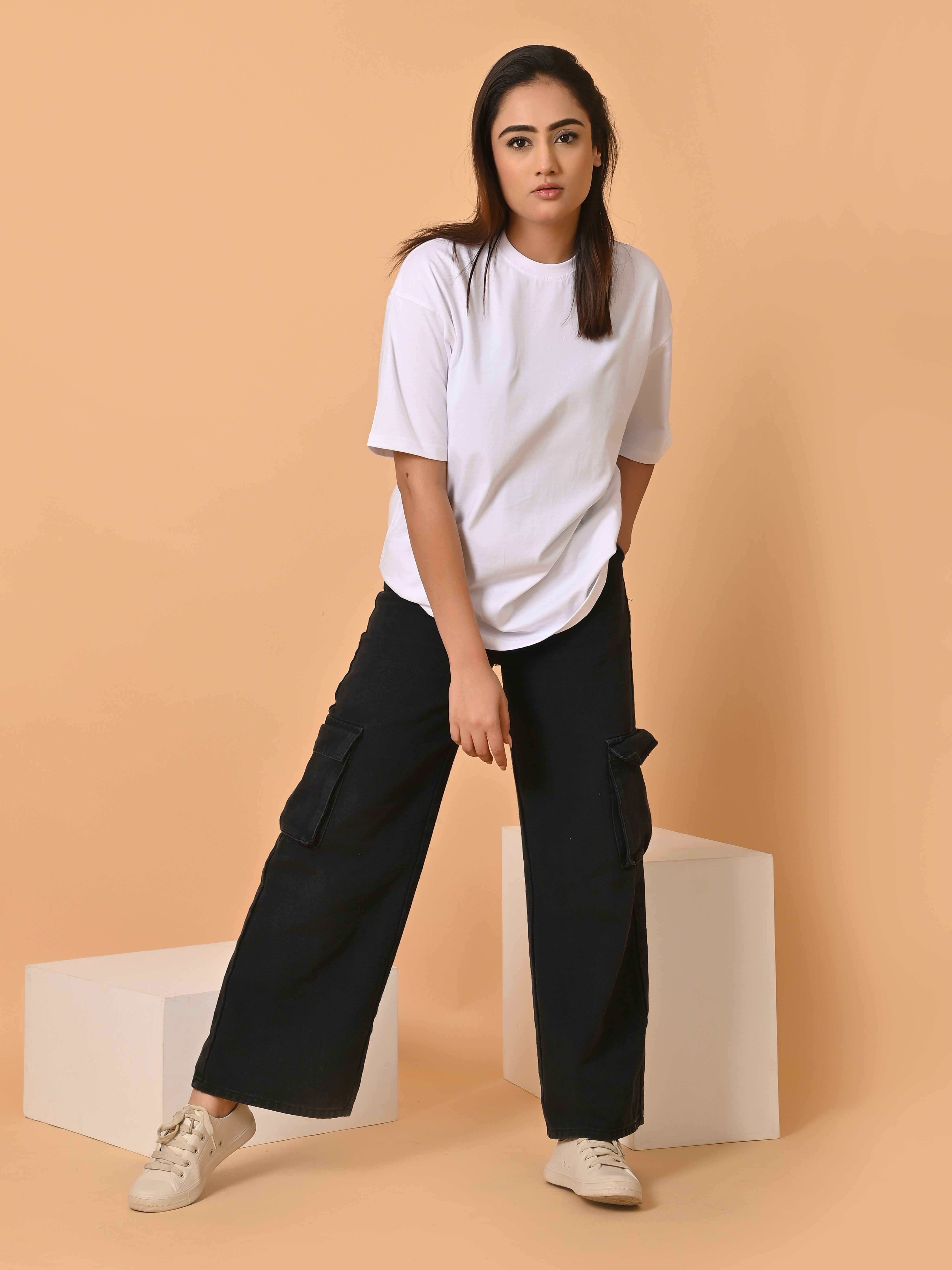 LYKCON Women's Cotton Lycra Oversized T-shirt White