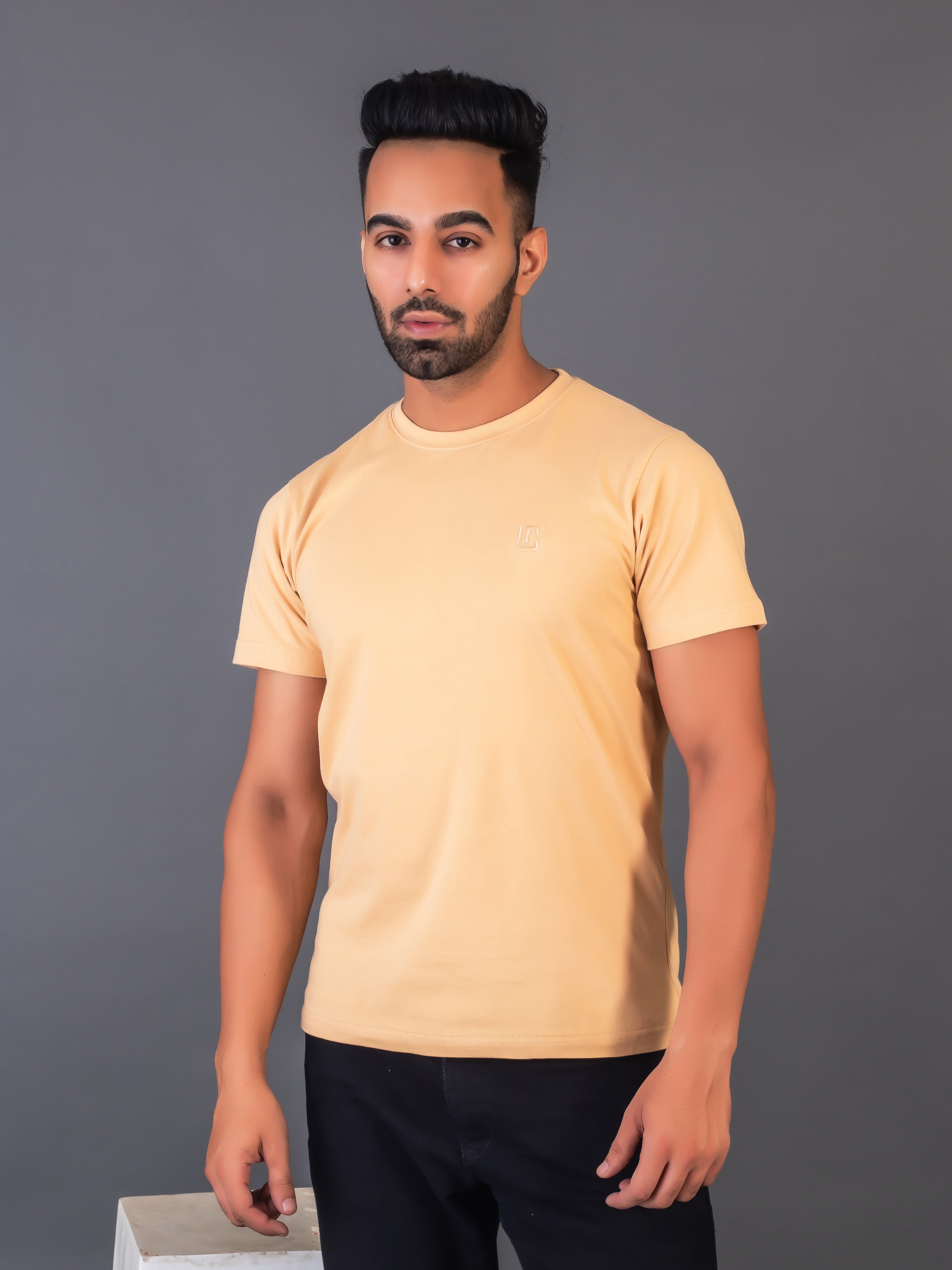 Lykcon Men's Round Neck Premium Cotton T-Shirt- Beige