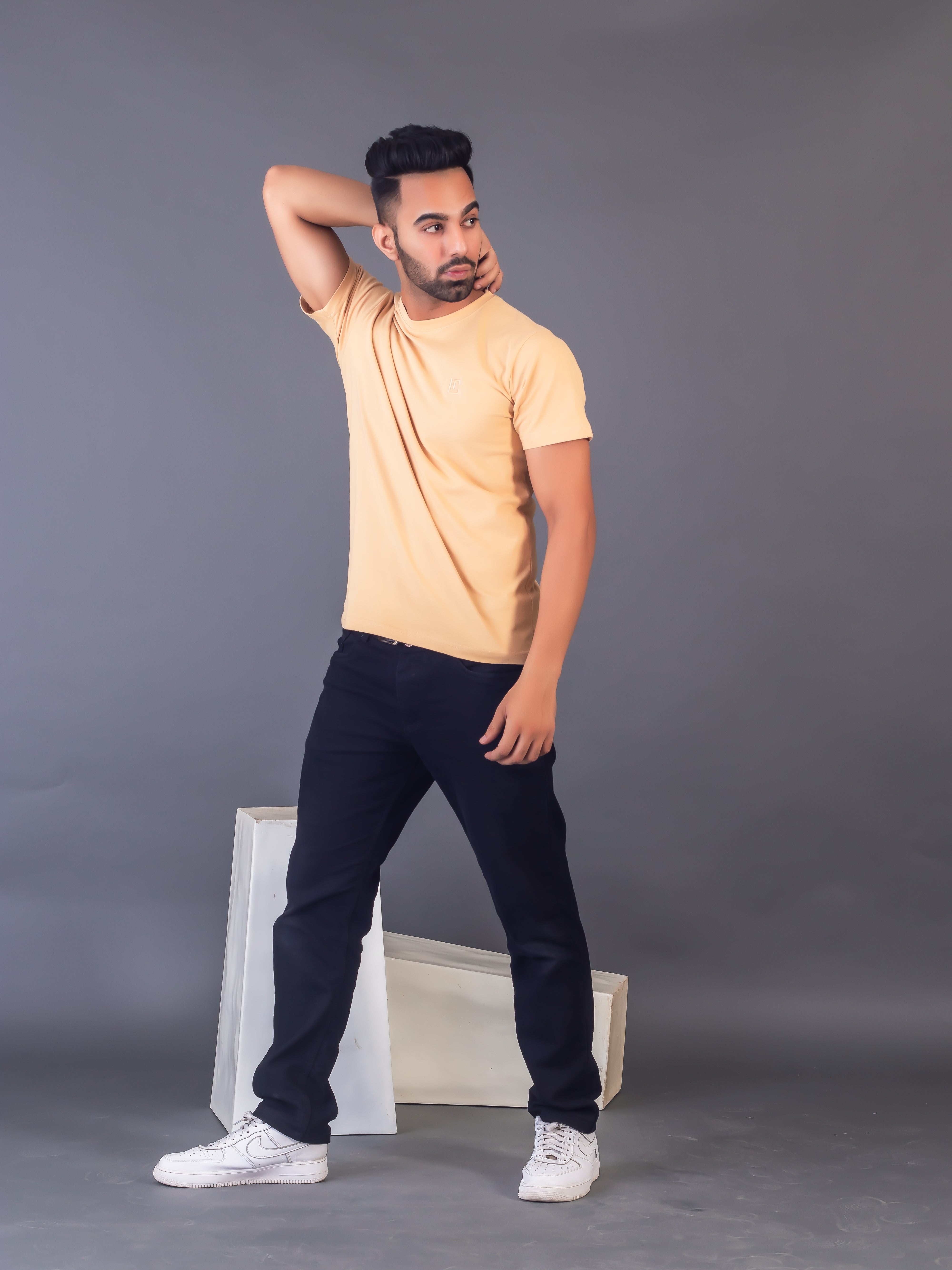 Lykcon Men's Round Neck Premium Cotton T-Shirt- Beige