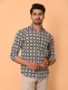 "Geometric Poise: Precision Print Cotton Shirt"