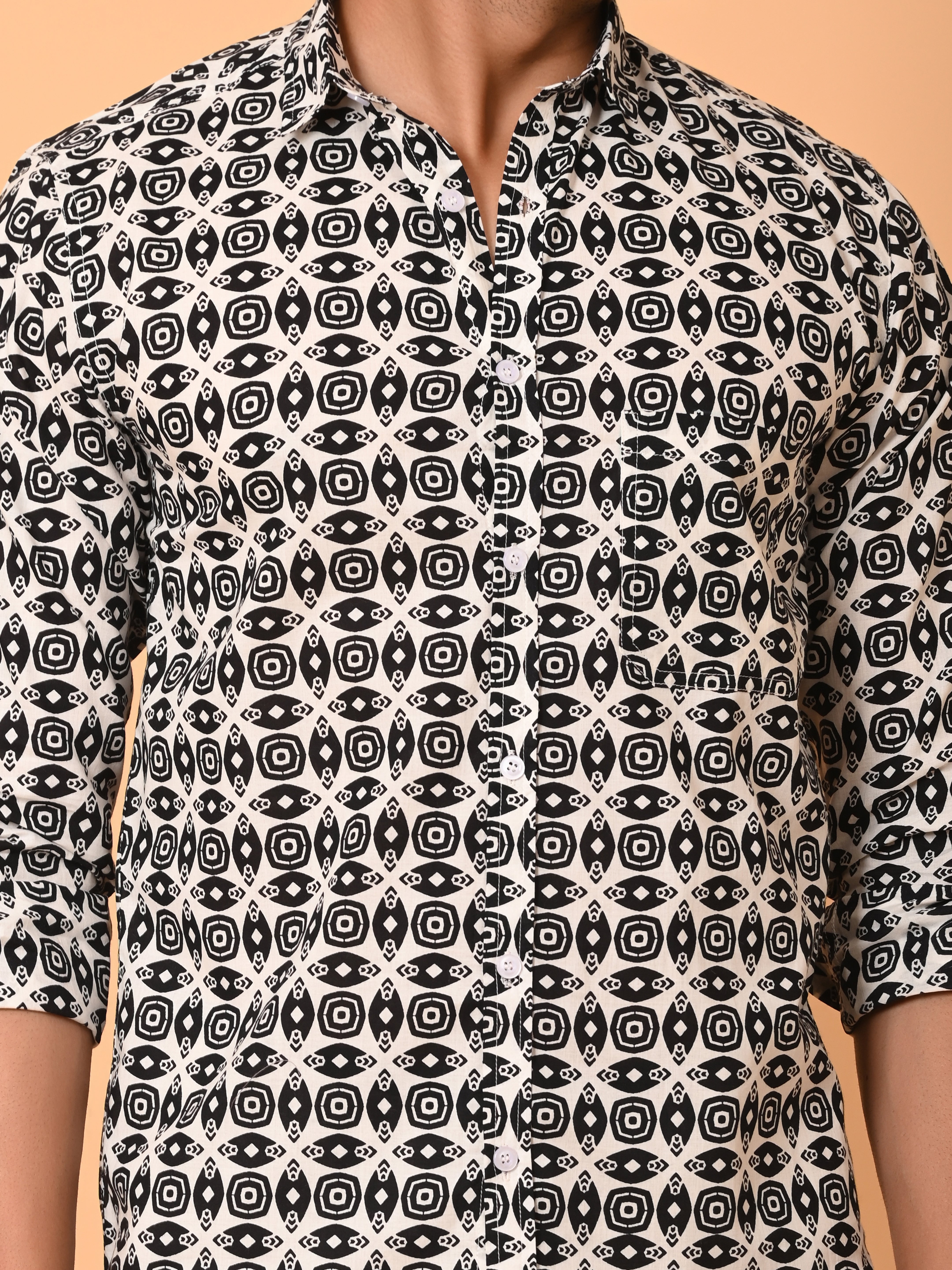 "Geometric Poise: Precision Print Cotton Shirt"