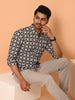 "Geometric Poise: Precision Print Cotton Shirt"
