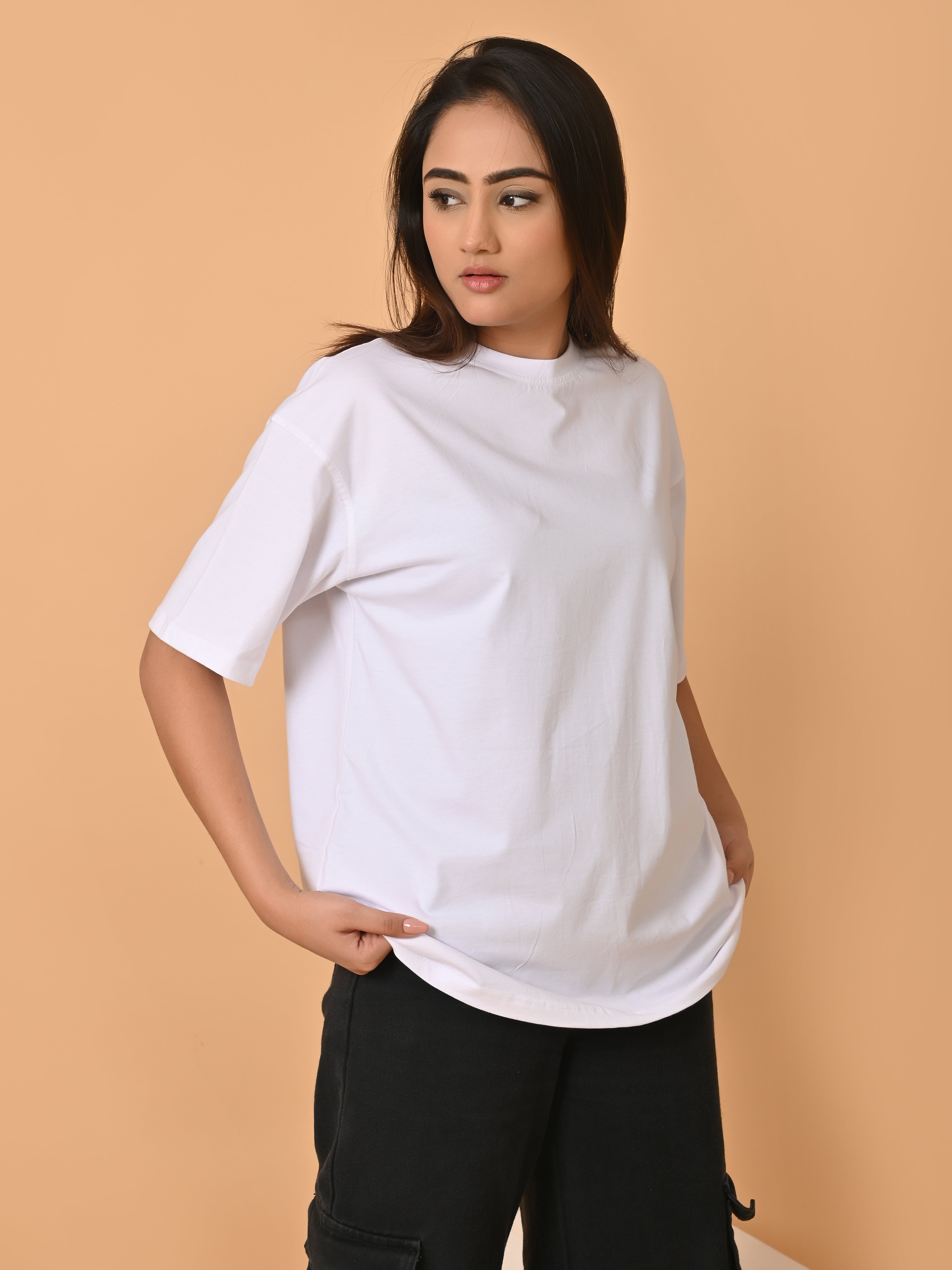 LYKCON Women's Cotton Lycra Oversized T-shirt - White