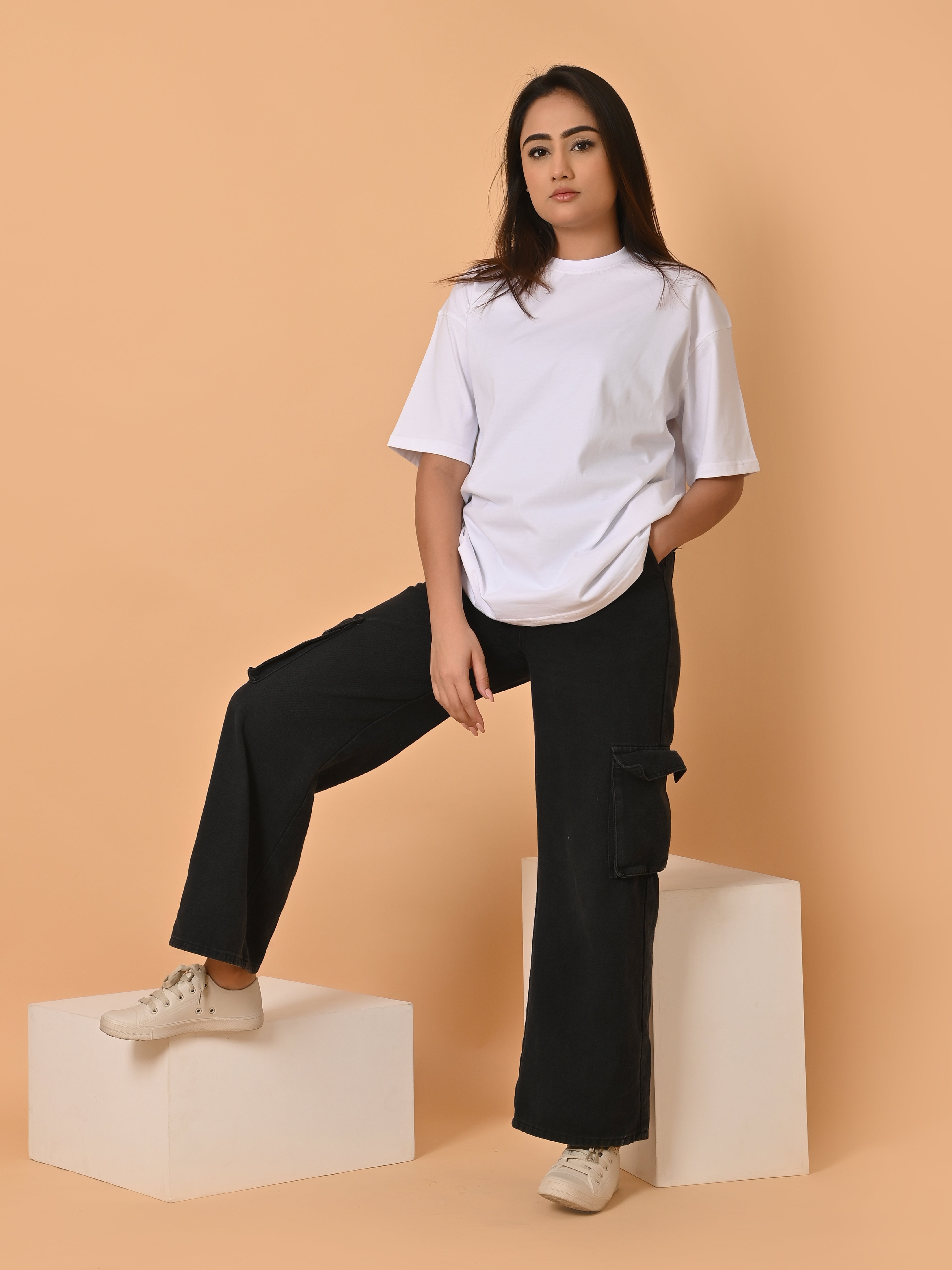 LYKCON Women's Cotton Lycra Oversized T-shirt - White