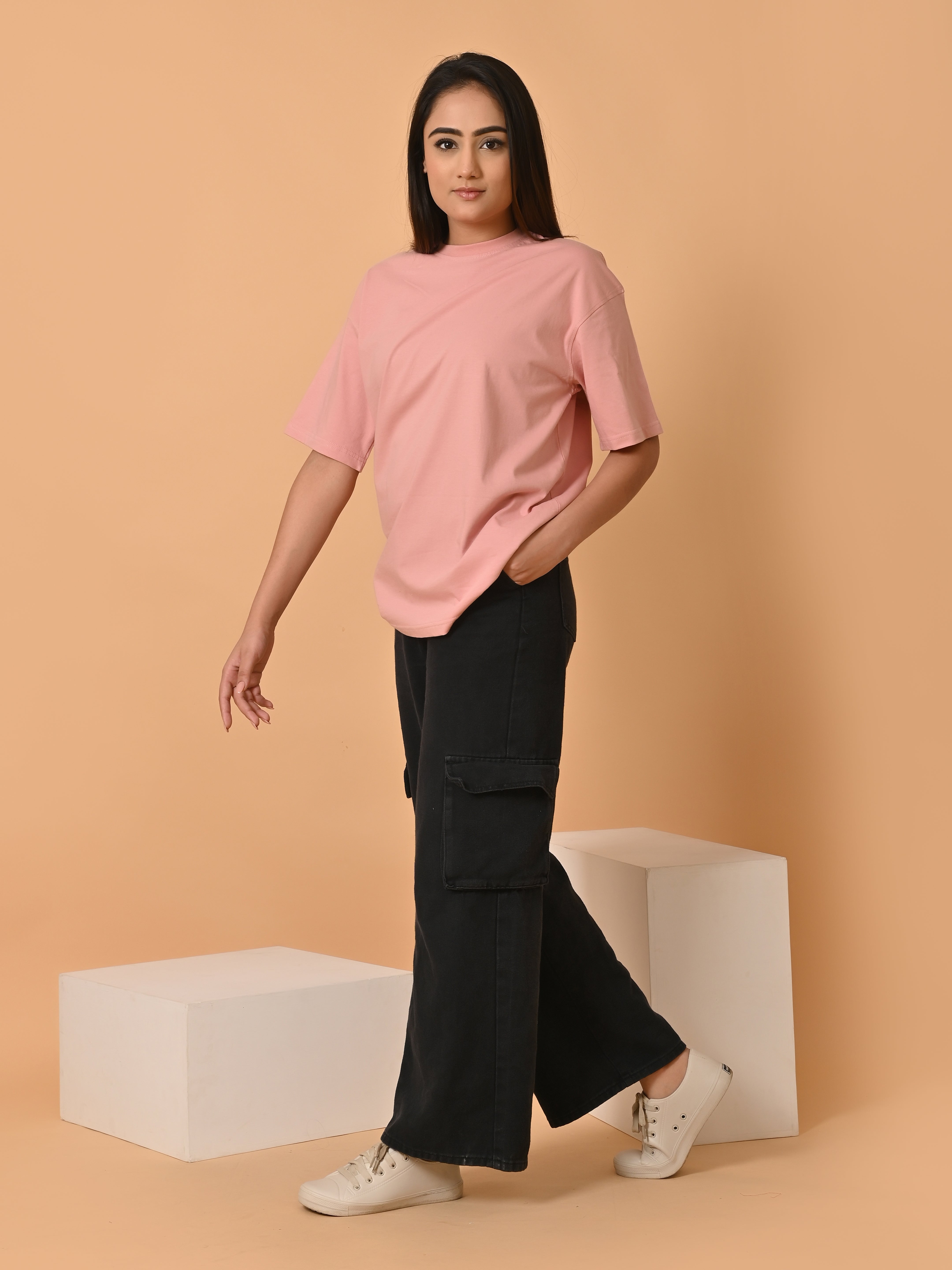 LYKCON Women's Cotton Lycra Oversized T-shirt - Onion Pink