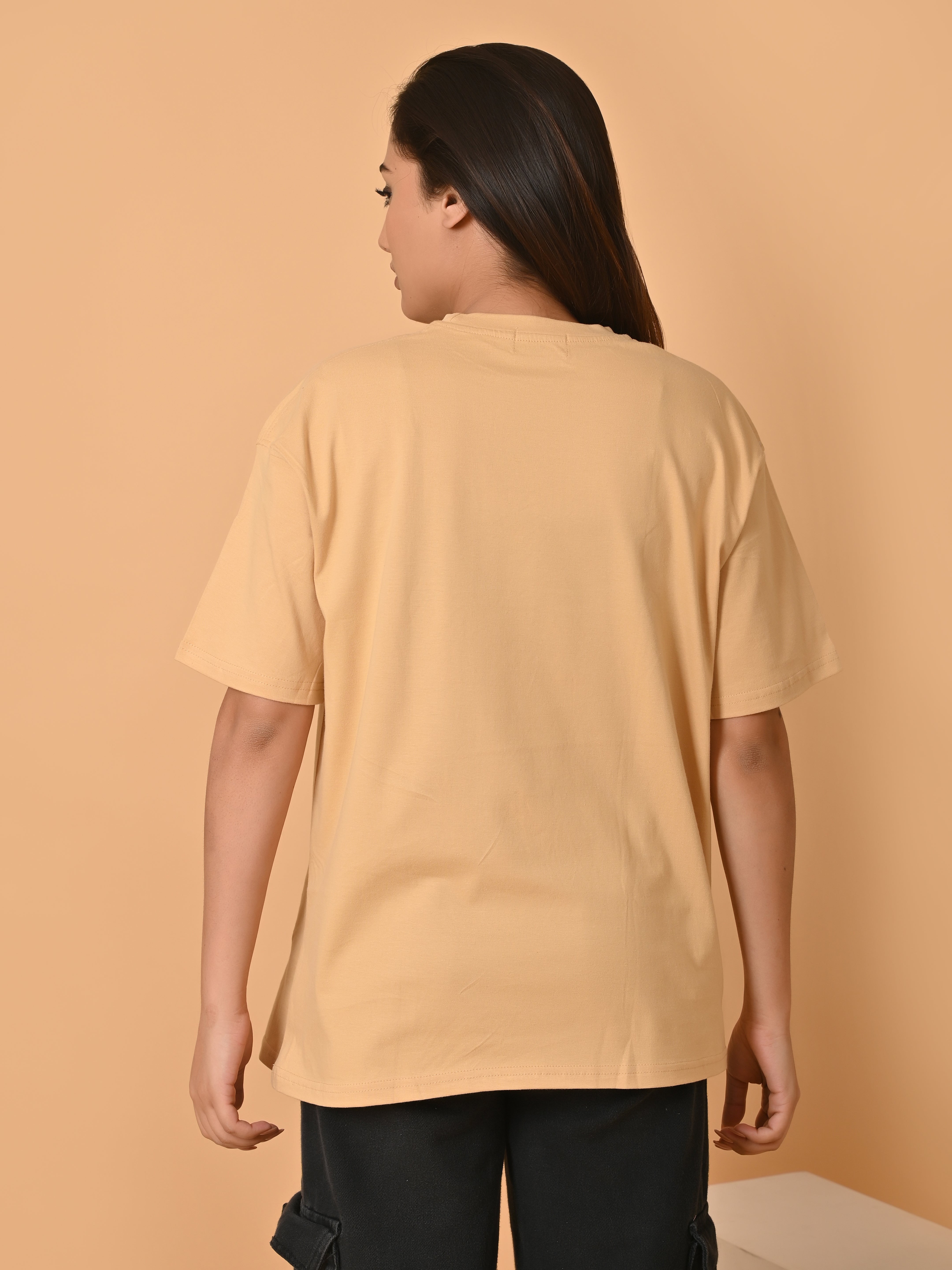 LYKCON Women's Cotton Lycra Oversized T-shirt -Beige