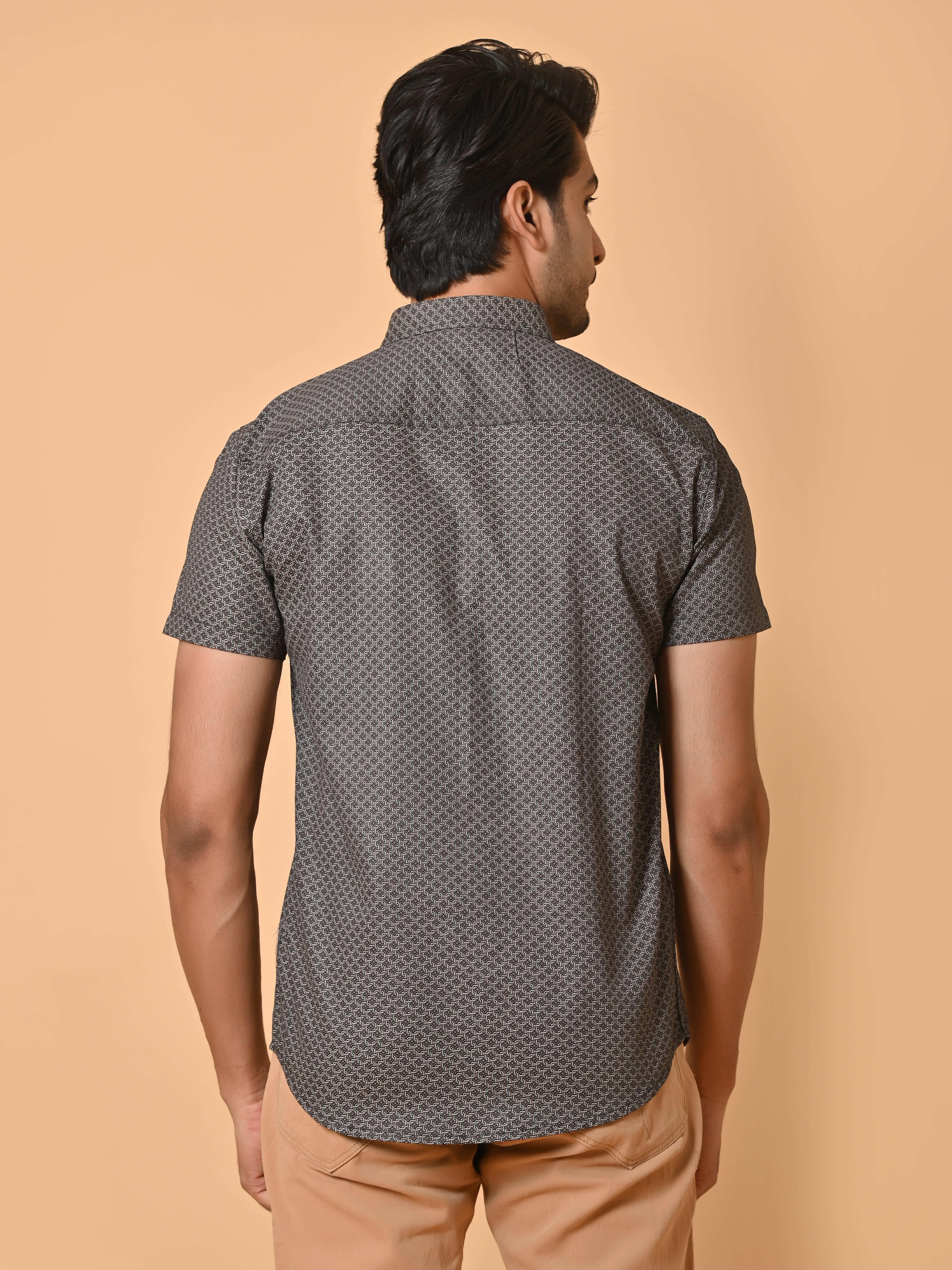 Lykcon Men's Premium Satin Grey, Black and White Azure Knot Half Sleeves Printed Shirt - Monochrome Mastery