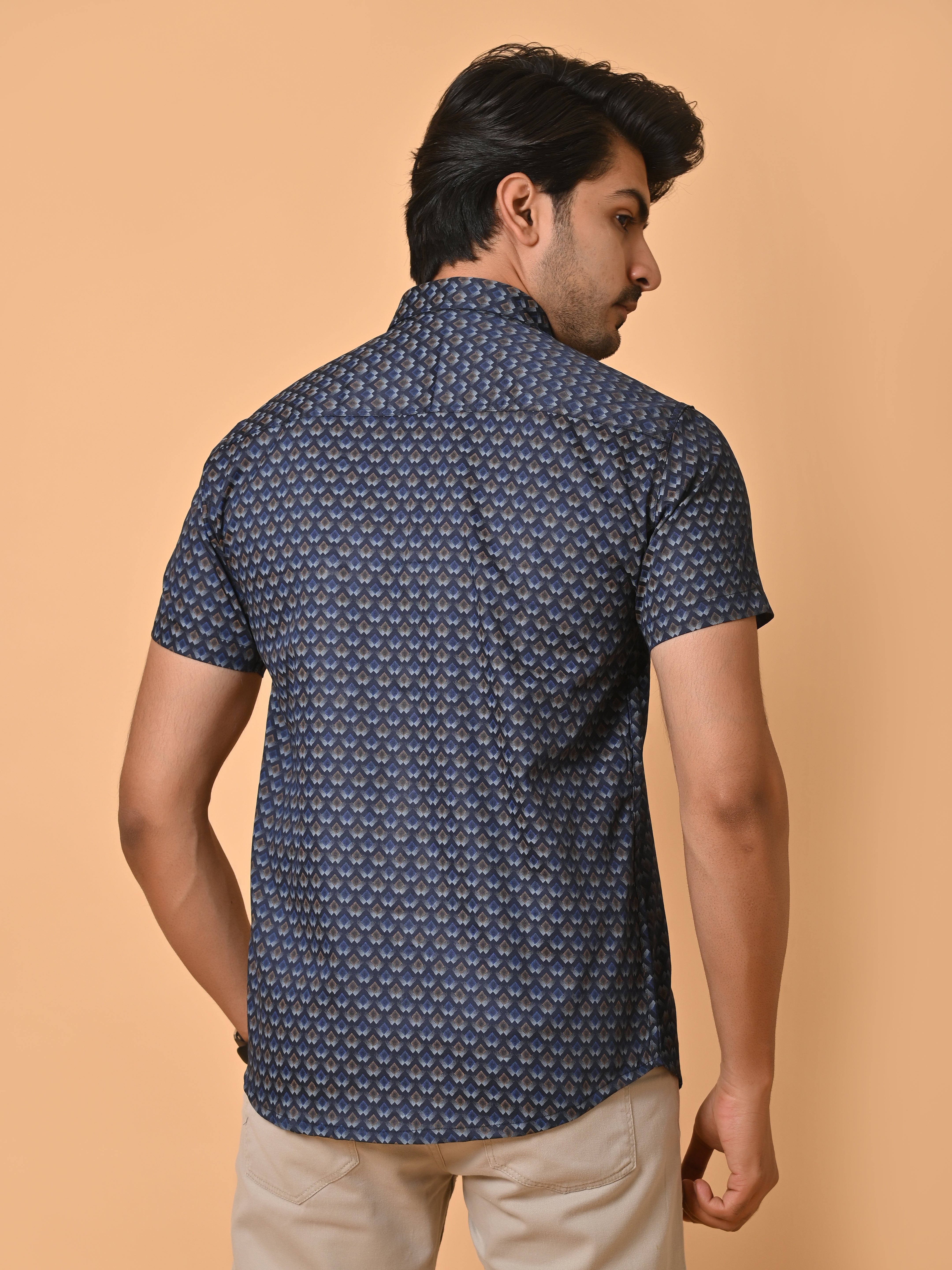 Lykcon Men's Premium Satin Dark Blue Half Sleeves Printed Shirts in Floral Checks Pattern