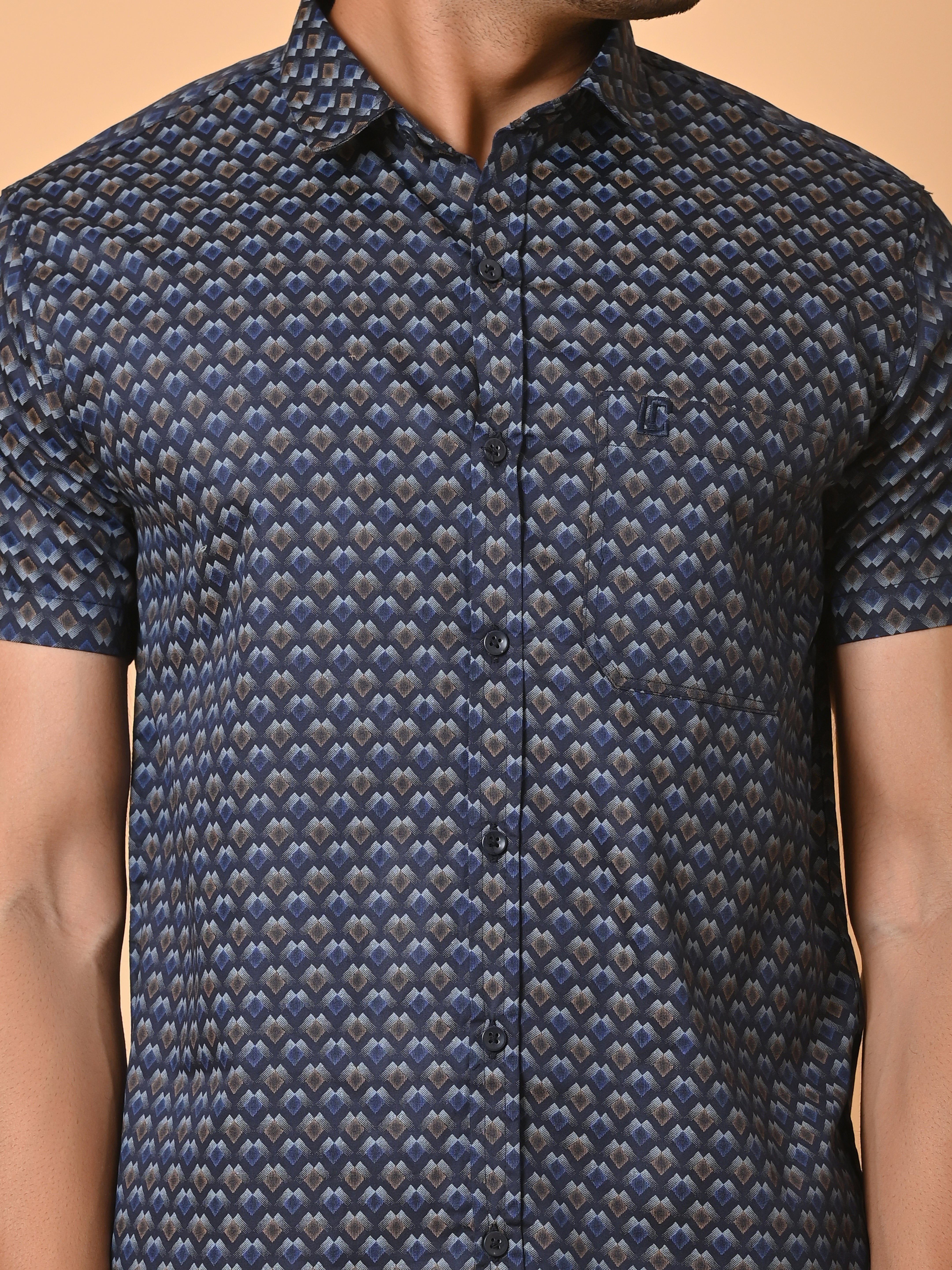 Lykcon Men's Premium Satin Dark Blue Half Sleeves Printed Shirts in Floral Checks Pattern