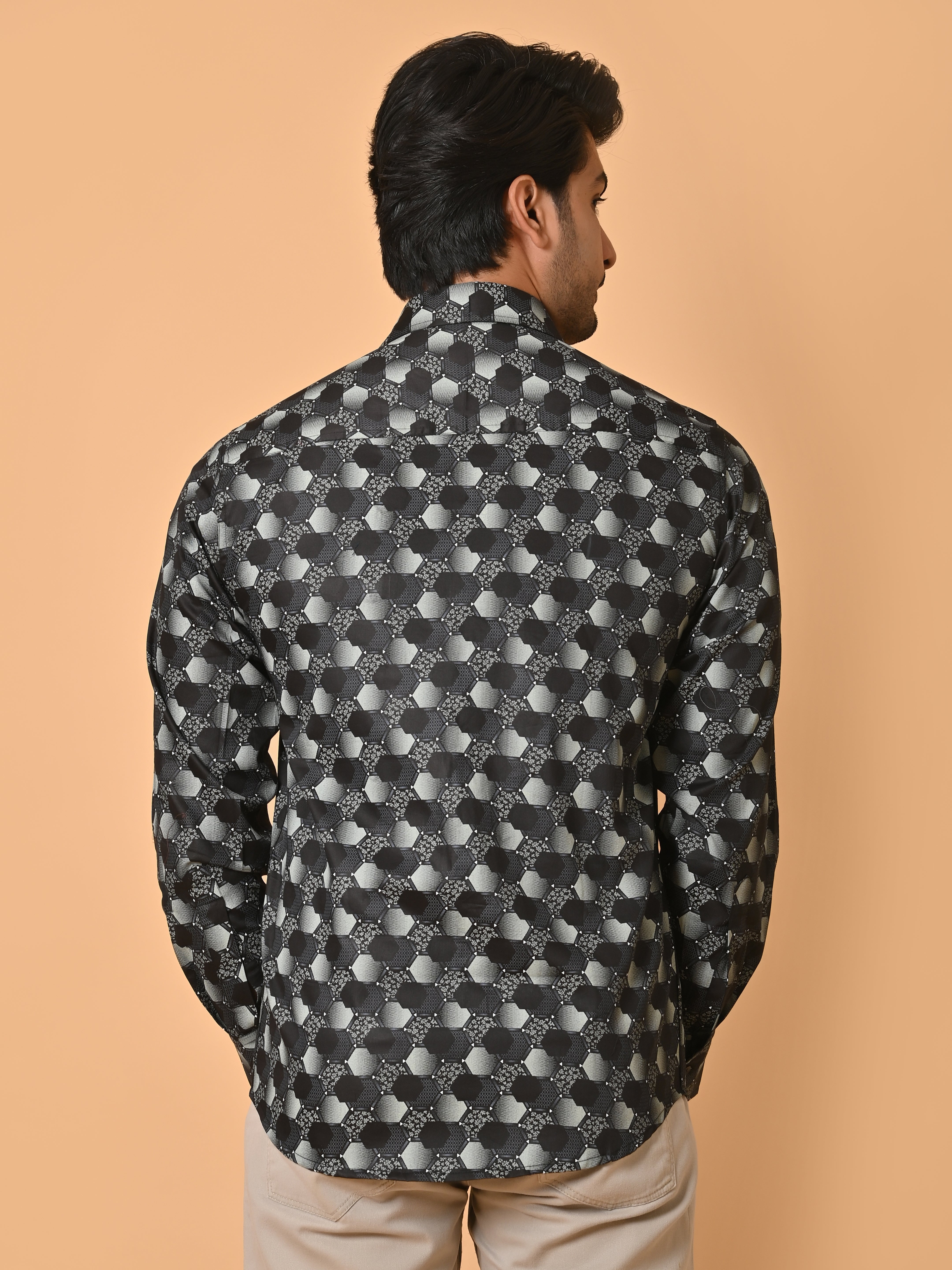 Lykcon Men's Premium Satin Full Sleeves Printed Shirts in Monochrome Hexagons: Black HexaFusion