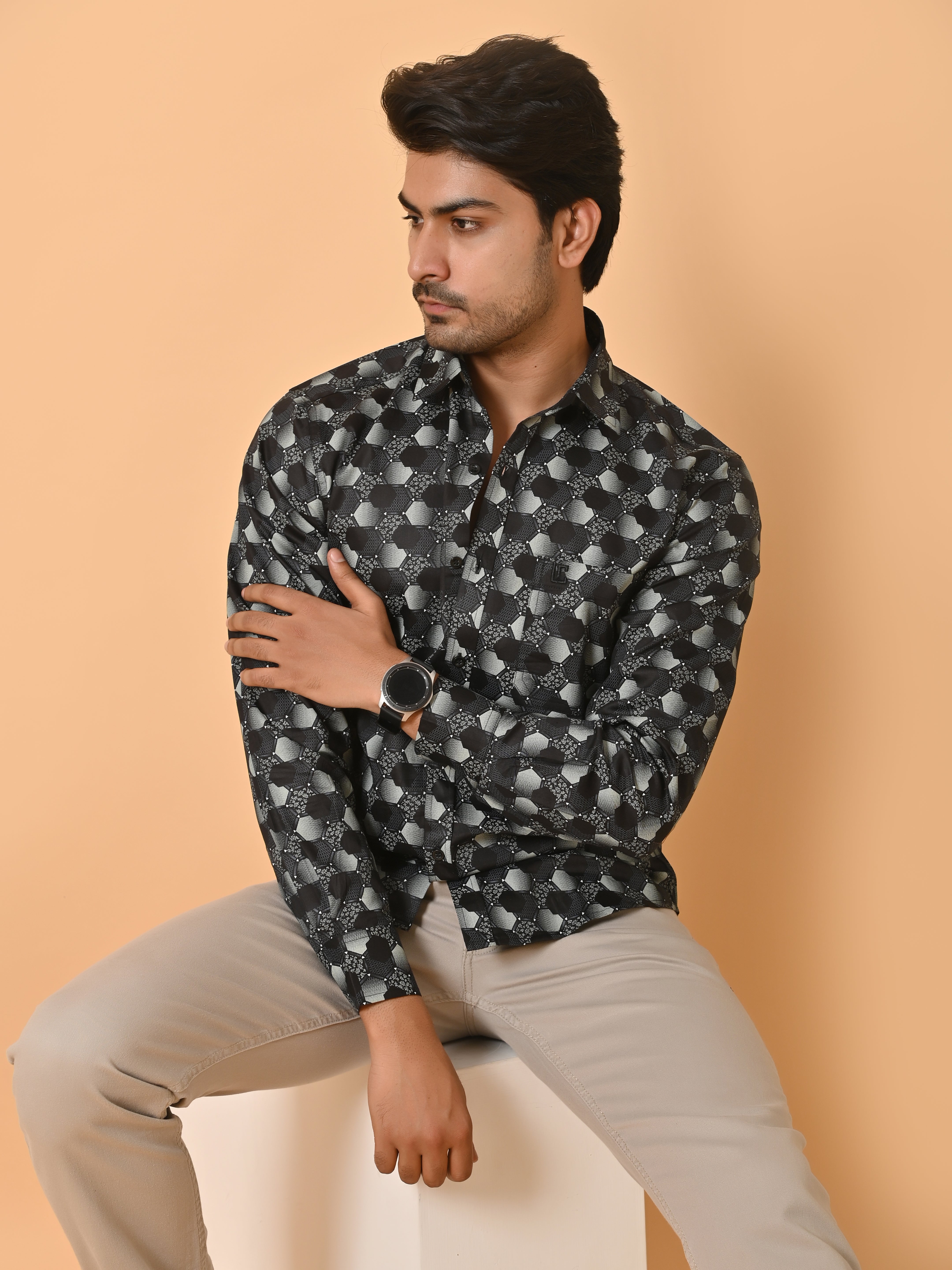 Lykcon Men's Premium Satin Full Sleeves Printed Shirts in Monochrome Hexagons: Black HexaFusion