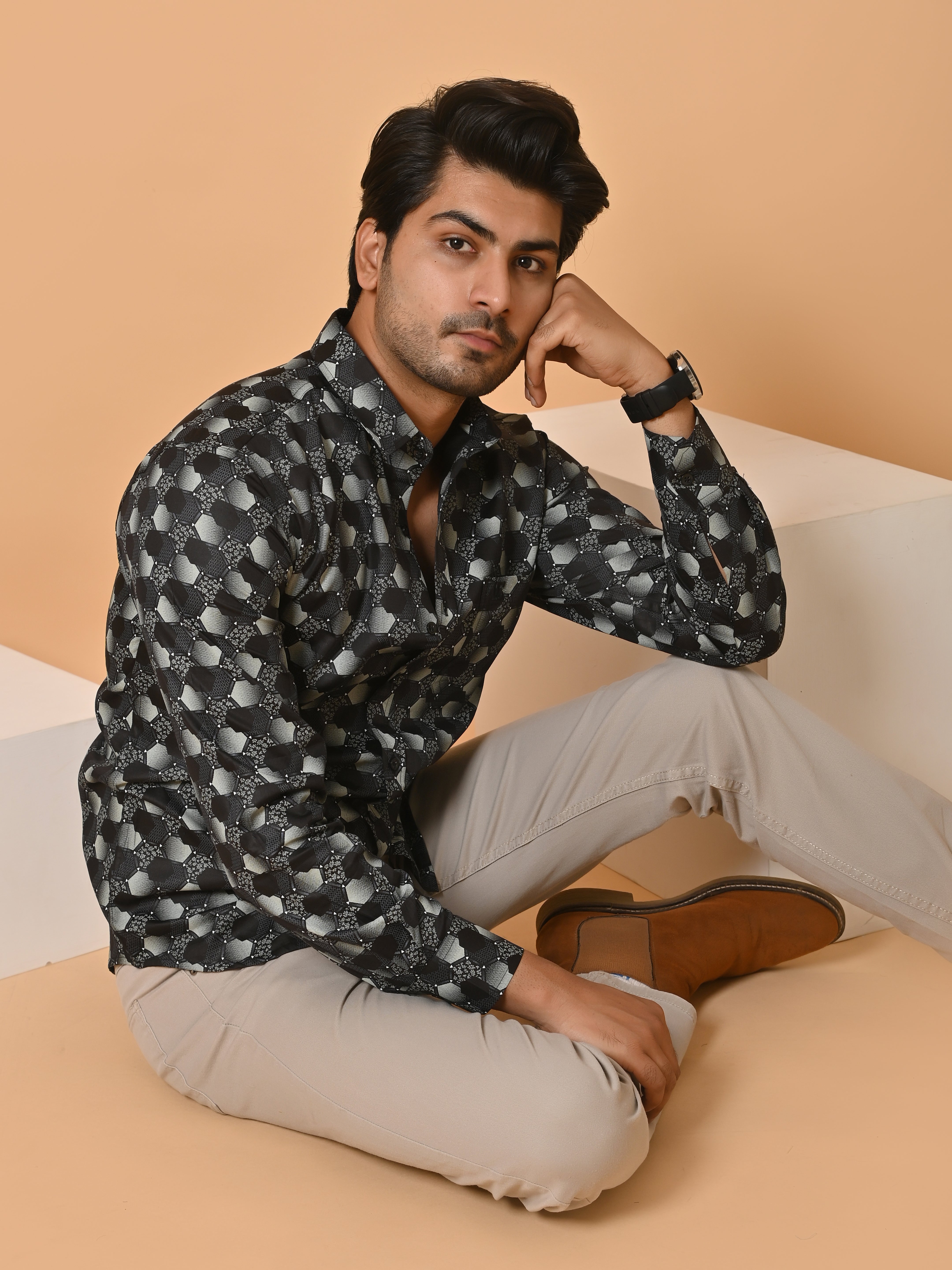 Lykcon Men's Premium Satin Full Sleeves Printed Shirts in Monochrome Hexagons: Black HexaFusion