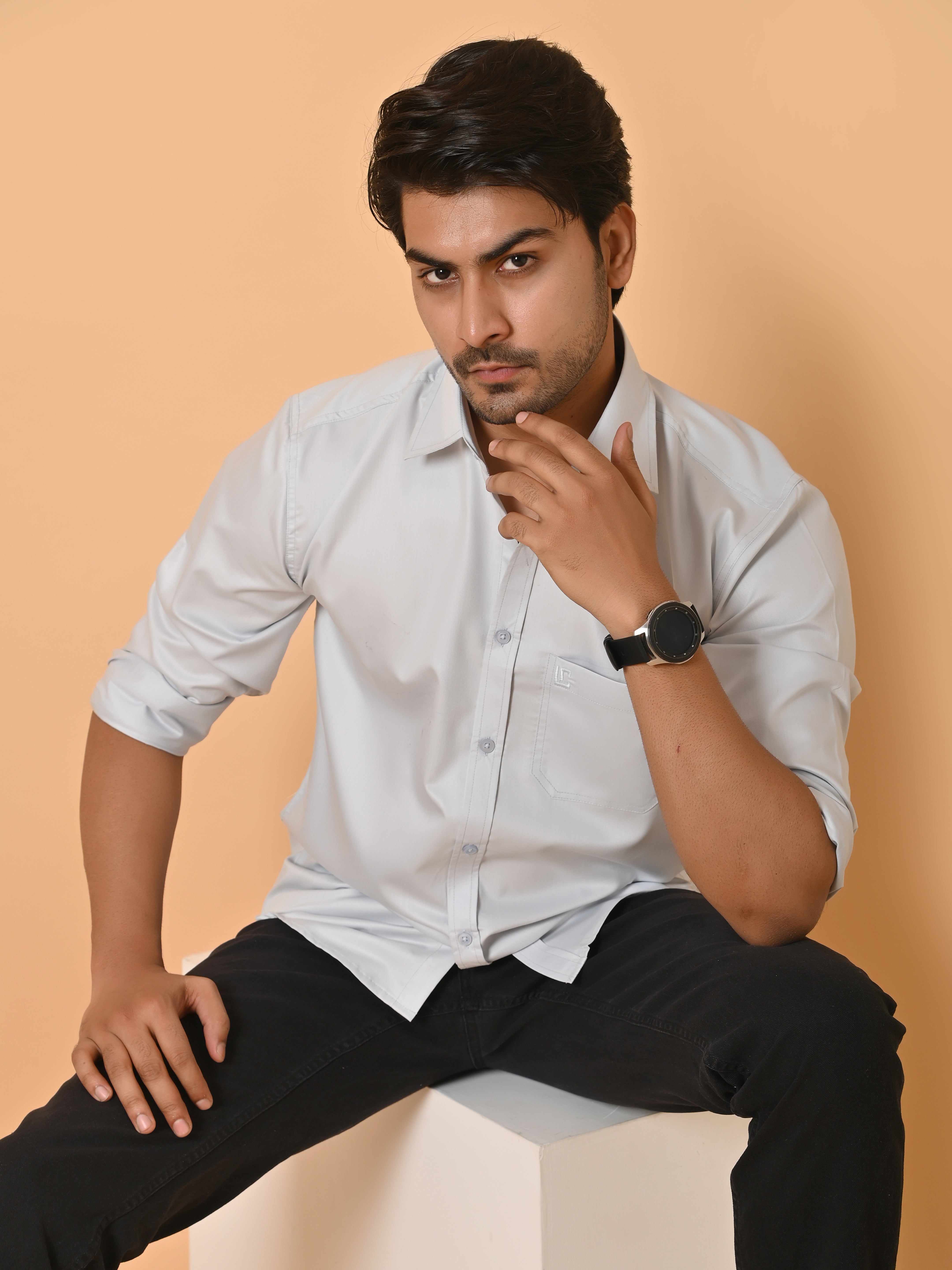 "Eternal Elegance: Men's Full Sleeves Plain Aqua Grey Shirt Giza Cotton Perfection"