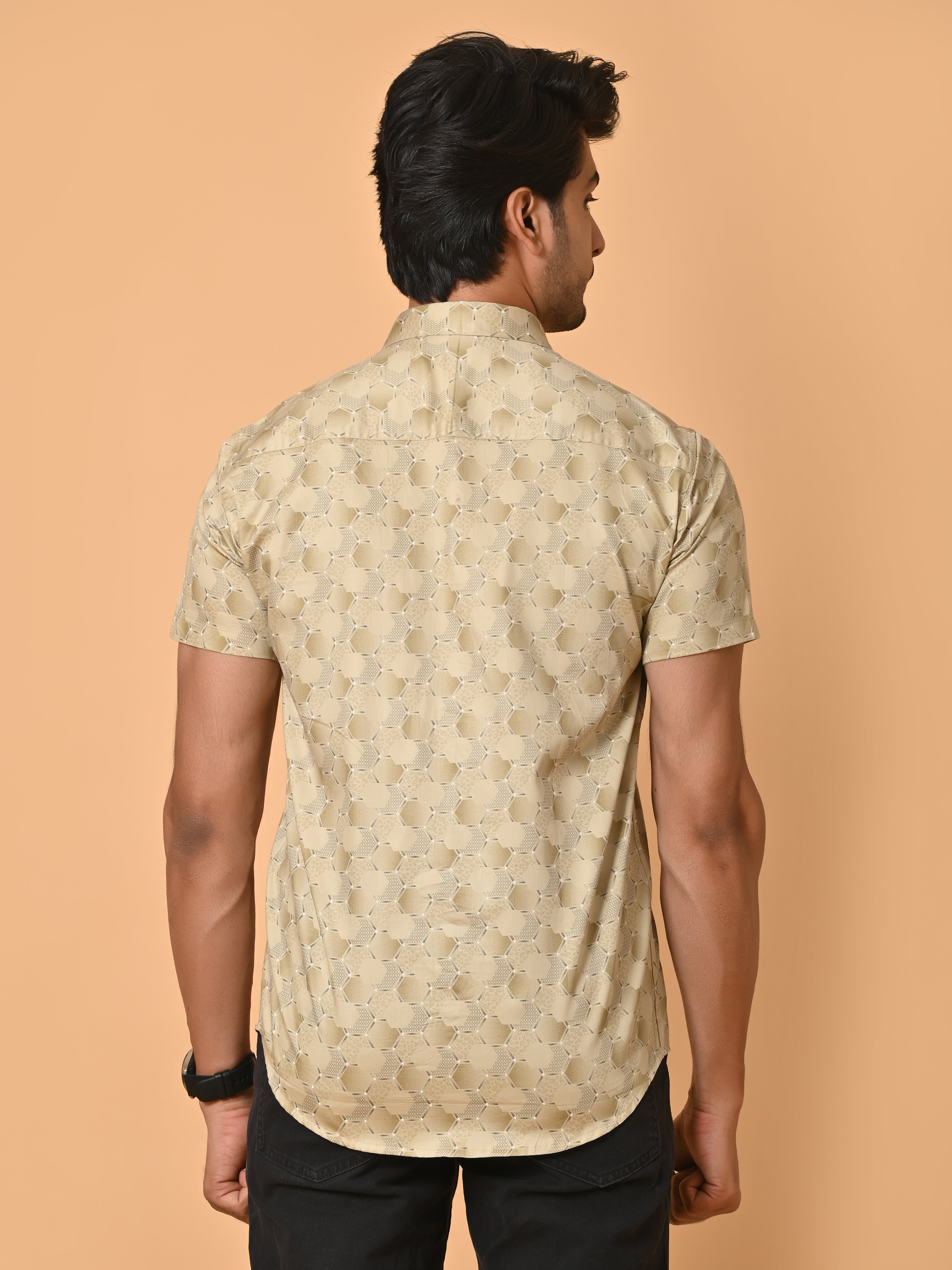 Lykcon Men's Premium Satin Half Sleeves Printed Shirts in Monochrome Hexagons: Beige HexaFusion