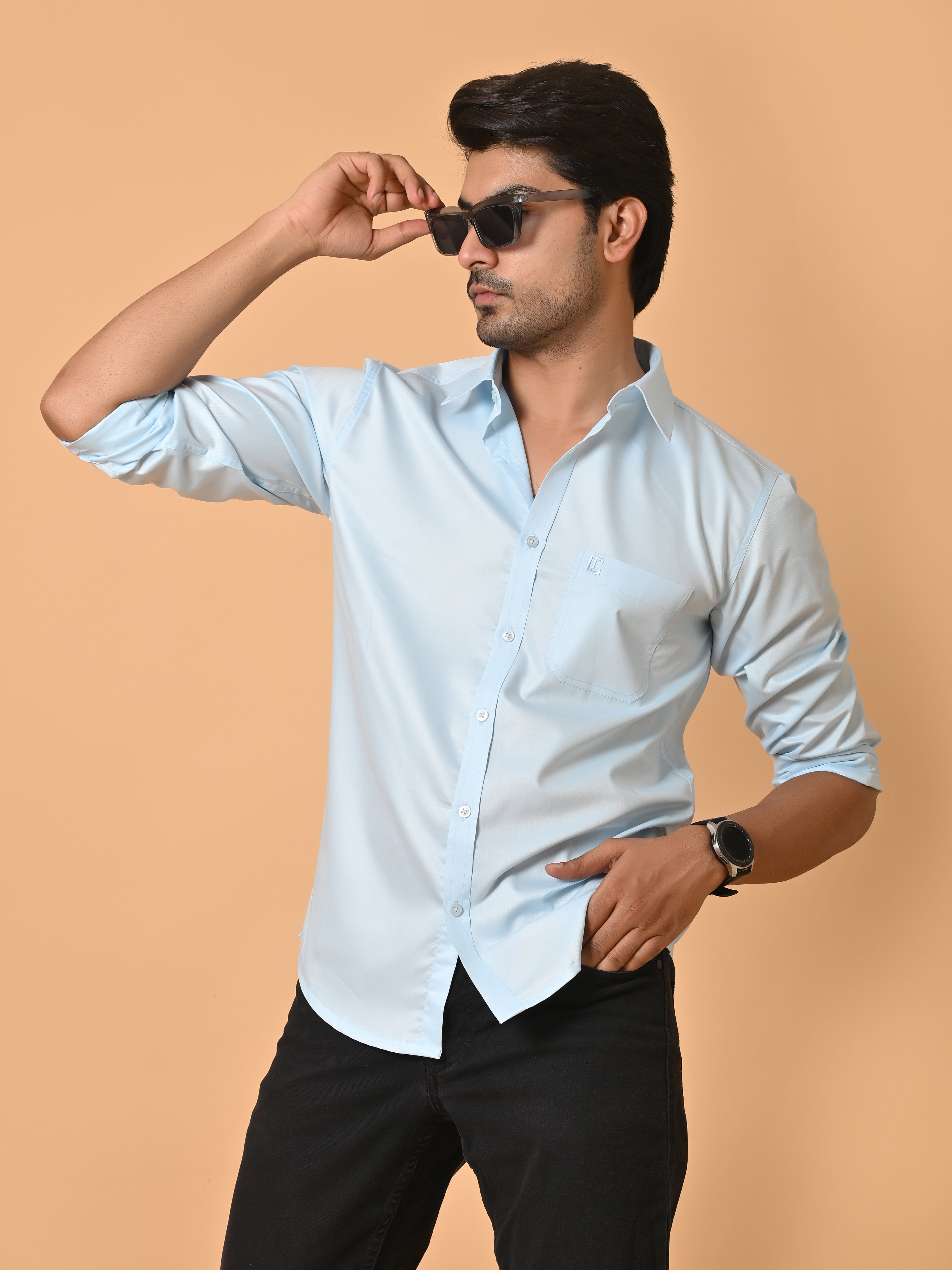 "Eternal Elegance: Men's Full Sleeves Plain Light Blue Shirt Giza Cotton Perfection"