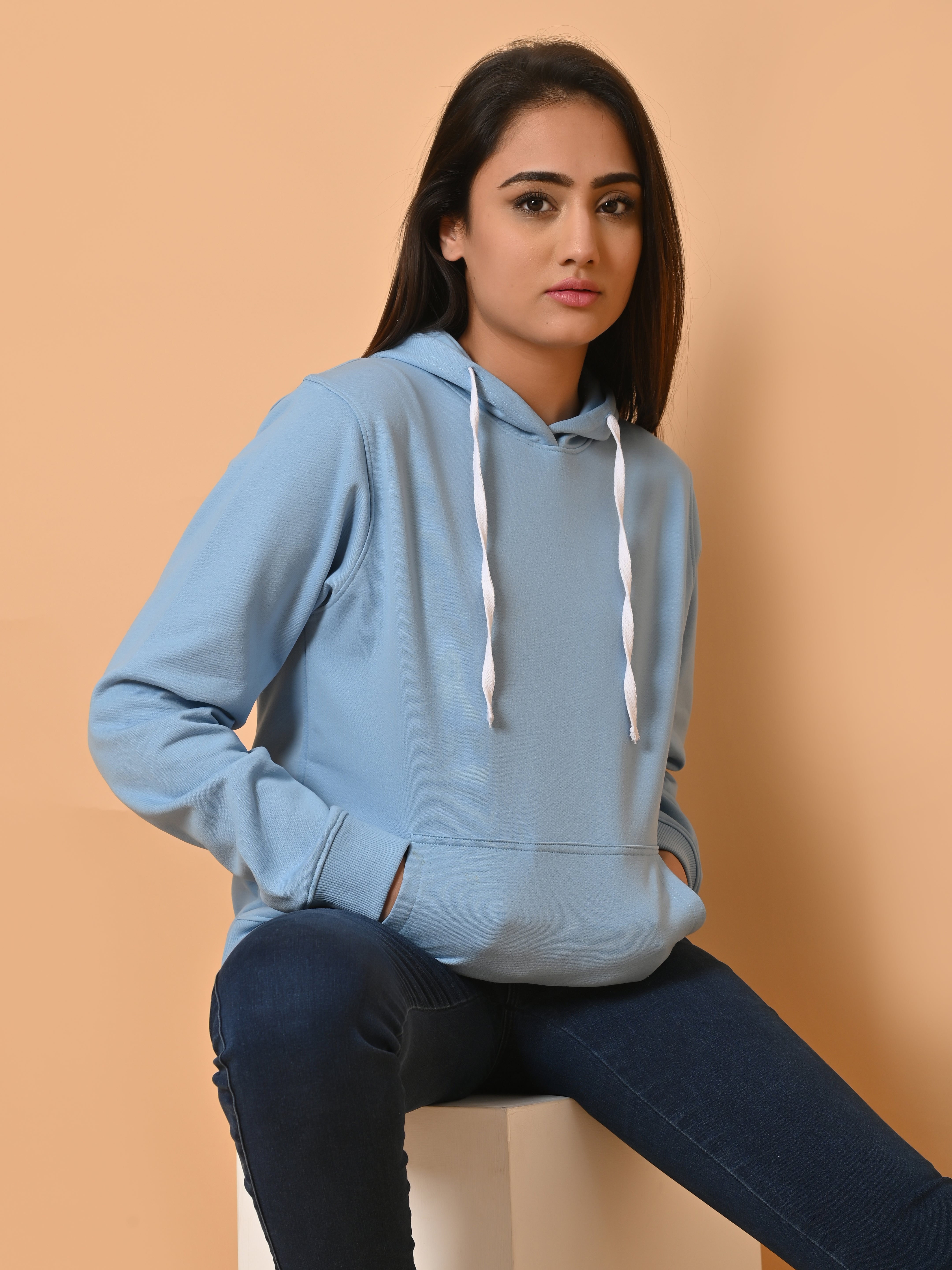"Cotton Haven: Women's Cyan Blue Hoodies Collection"