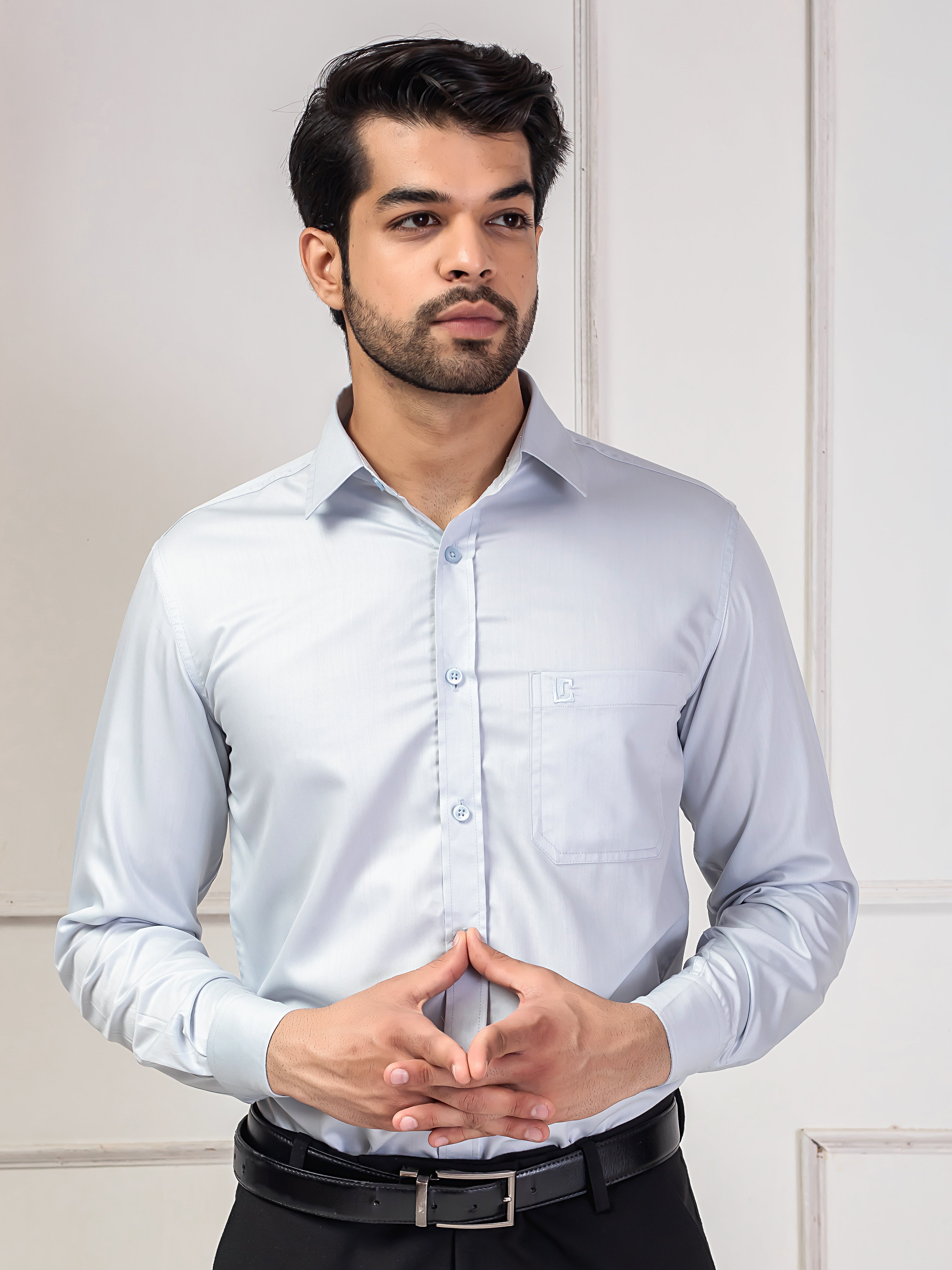 "Eternal Elegance: Men's Full Sleeves Plain Aqua Grey Shirt Giza Cotton Perfection"