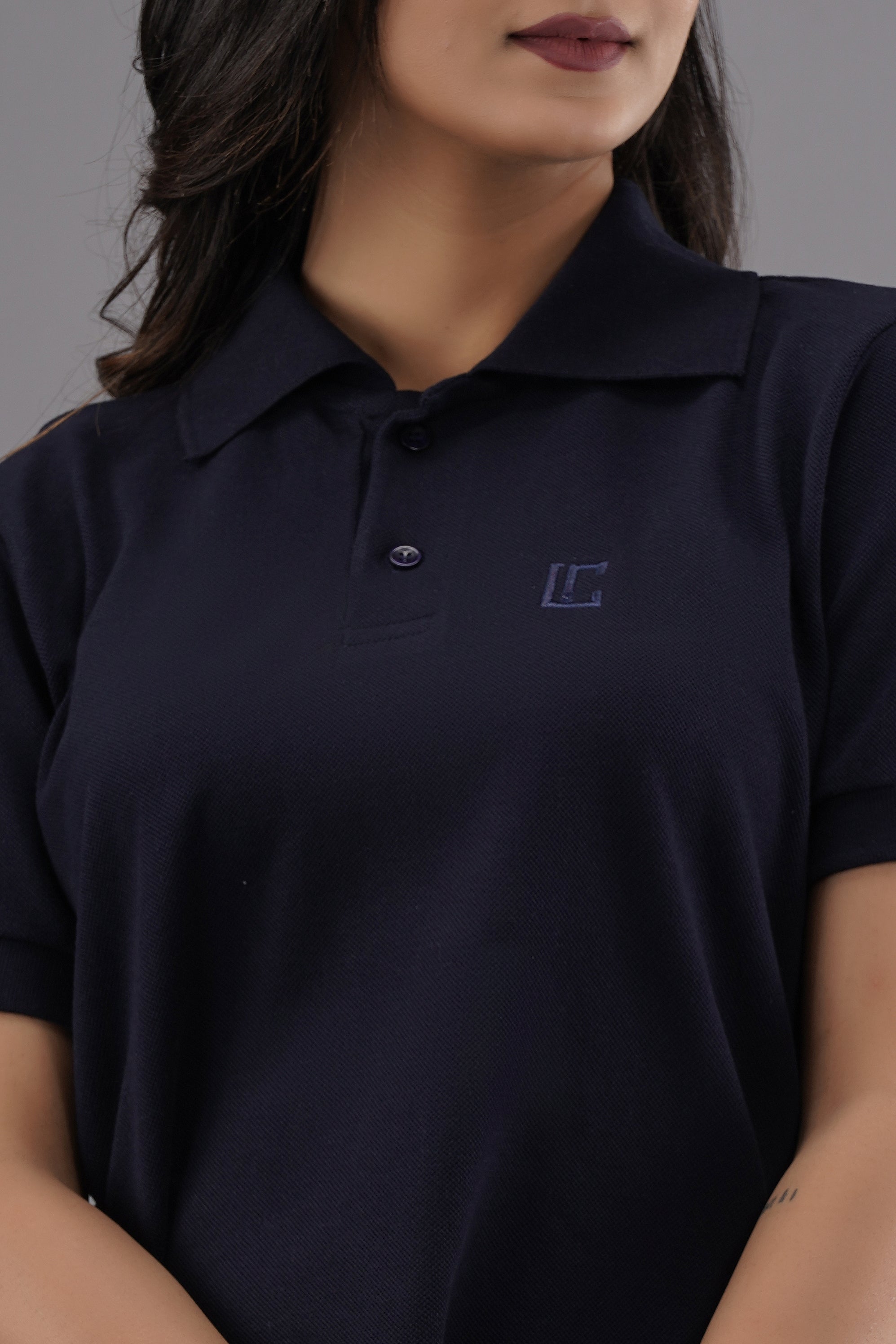 Lykcon Women's Polo Neck Premium Cotton T-Shirt: Navy Blue