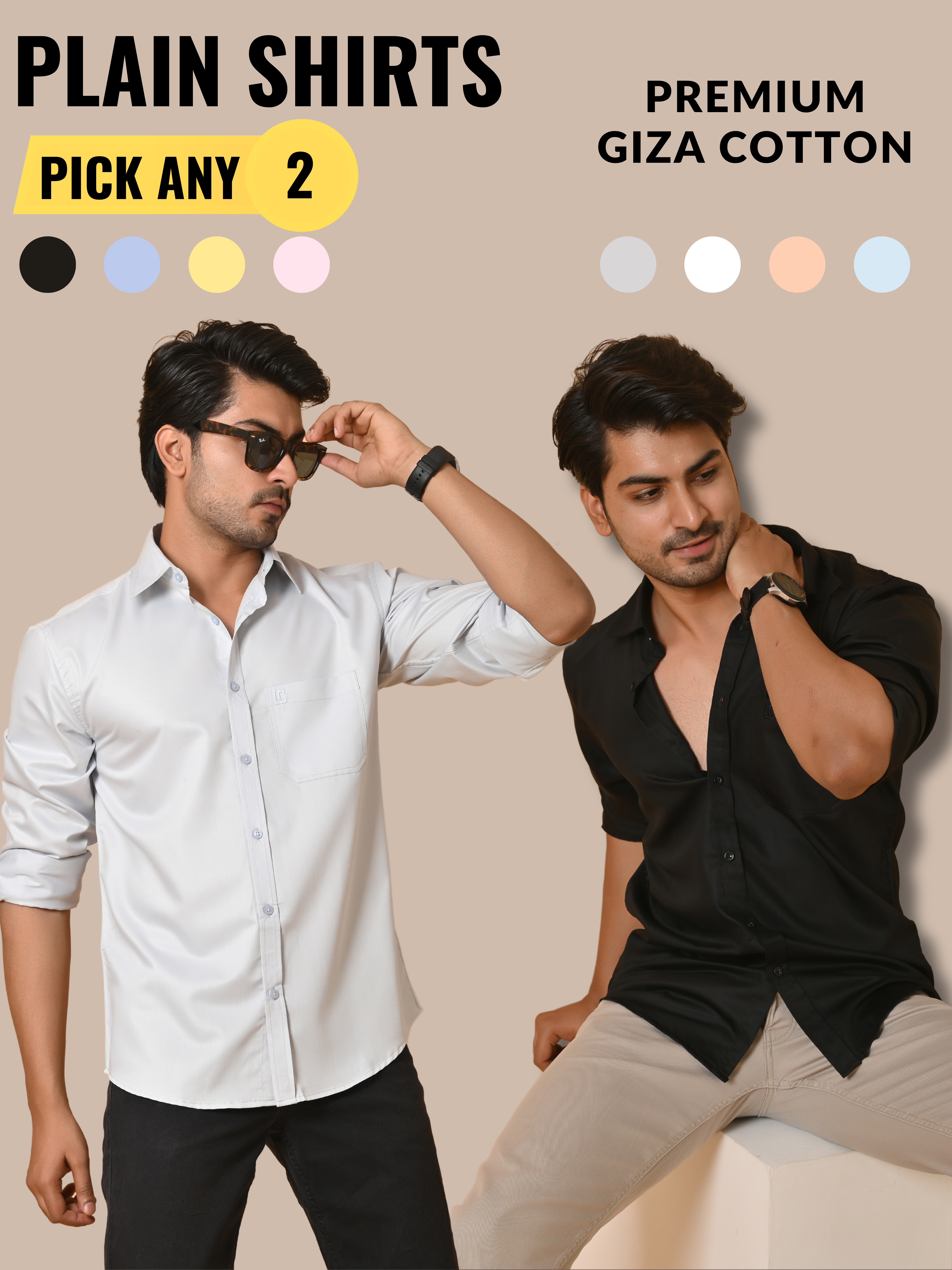 Men's Full Sleeves Plain Shirt Premium Giza Cotton :  Pick Any 2