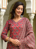 Rustic Red Beauty: Printed Kurta & Pant Set with Matching Dupatta