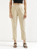 Women's Beige Cotton Pants with Half Elasticated Waistband