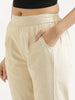 Women's Beige Cotton Pants with Half Elasticated Waistband