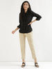 Women's Beige Cotton Pants with Half Elasticated Waistband