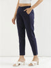 Women's Navy Blue Cotton Pants with Half Elasticated Waistband