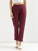 Women's Wine Cotton Pants with Half Elasticated Waistband